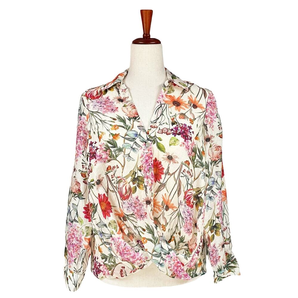 STATUS by CHENAULT Linen-Blend Twist Front Button-Up Blouse Vibrant Floral Sz M
